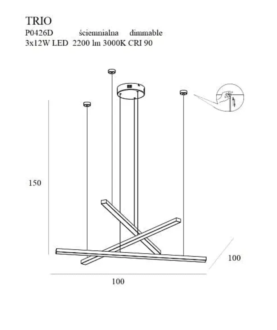 Trio 3 Lampa Wisząca Ściemnialna Złota P0426D