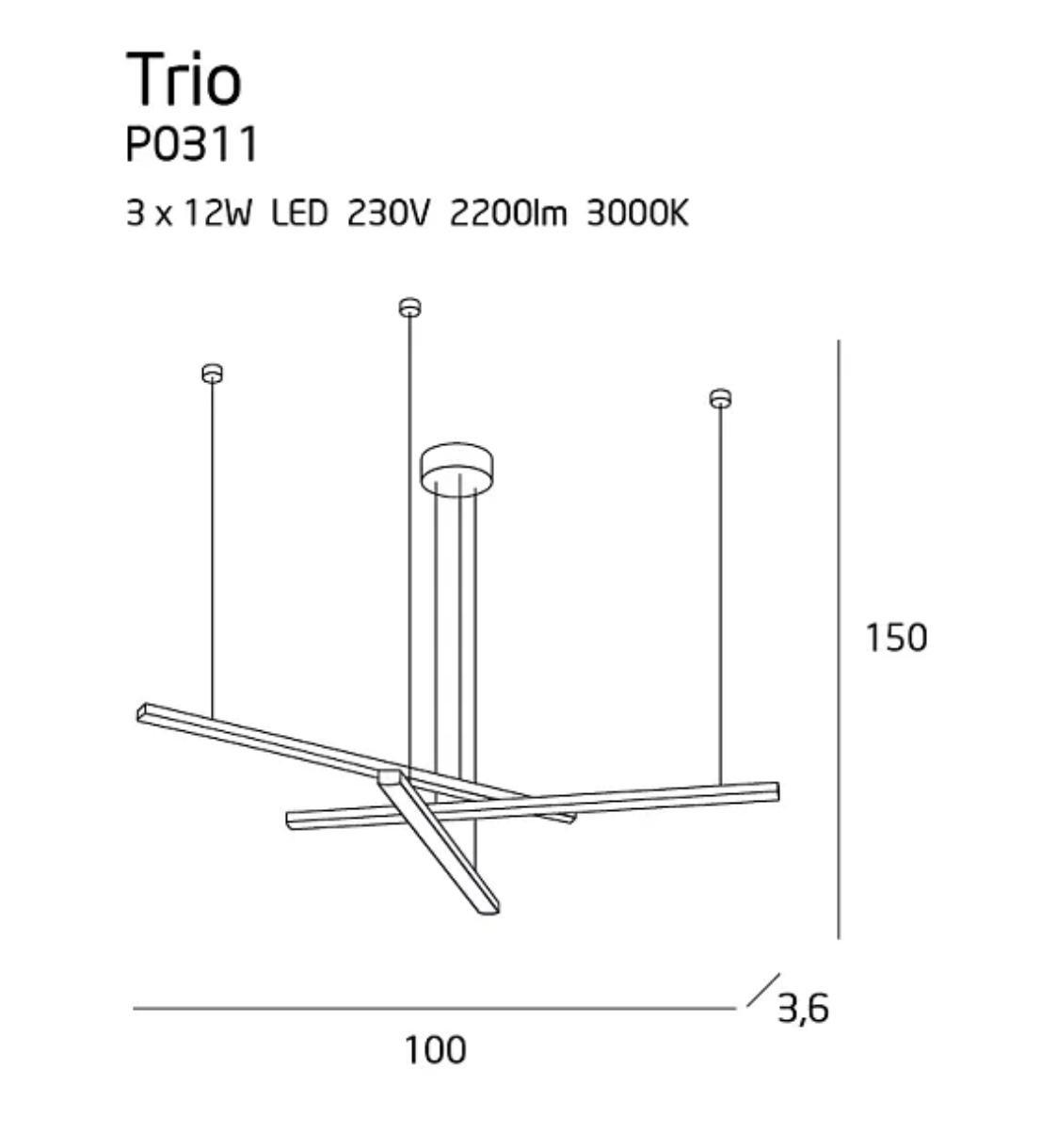 Trio 3 Wisząca Lampa Sufitowa Czarny Mat P0311