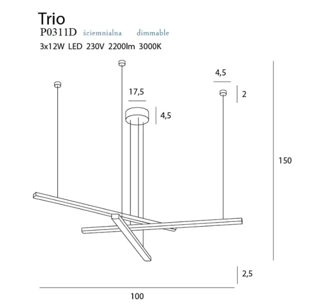 Trio 3 Lampa Wisząca Ściemnialna Czarna P0311D